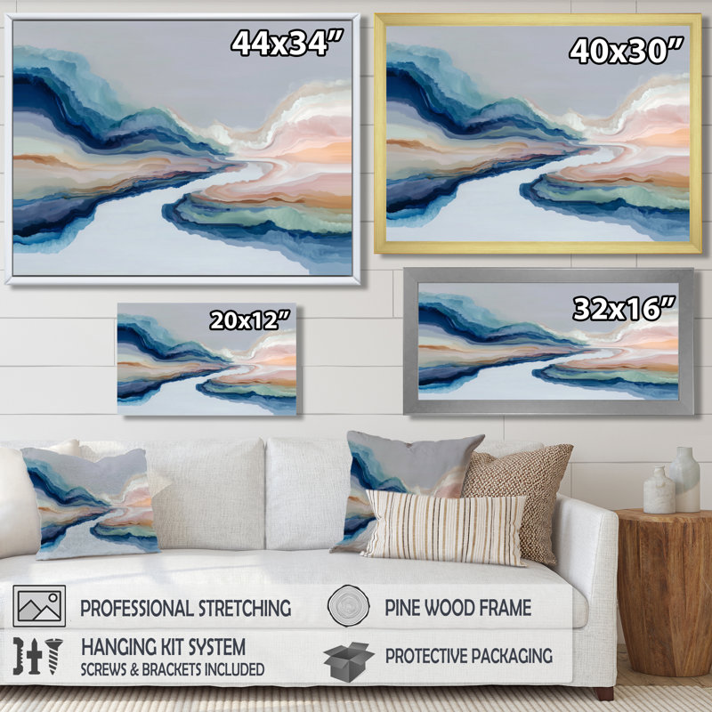 «White Blue River Fragments», impression sur toile encadrée abstraite liquide, H 24 po x l 32 po, Cadre flottant, Noir