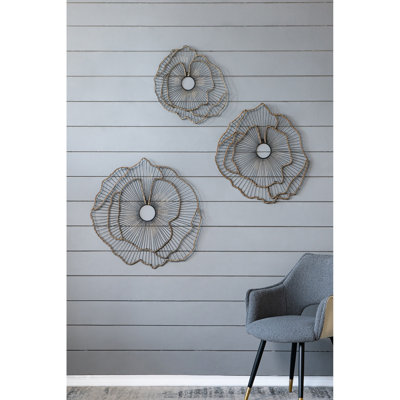 Of 3 Metal Flowers Wall Hanging, Golden Transitional For Foyer, Entrance, Porch Floral Art, Porch, Hallway, Entrance Decor
