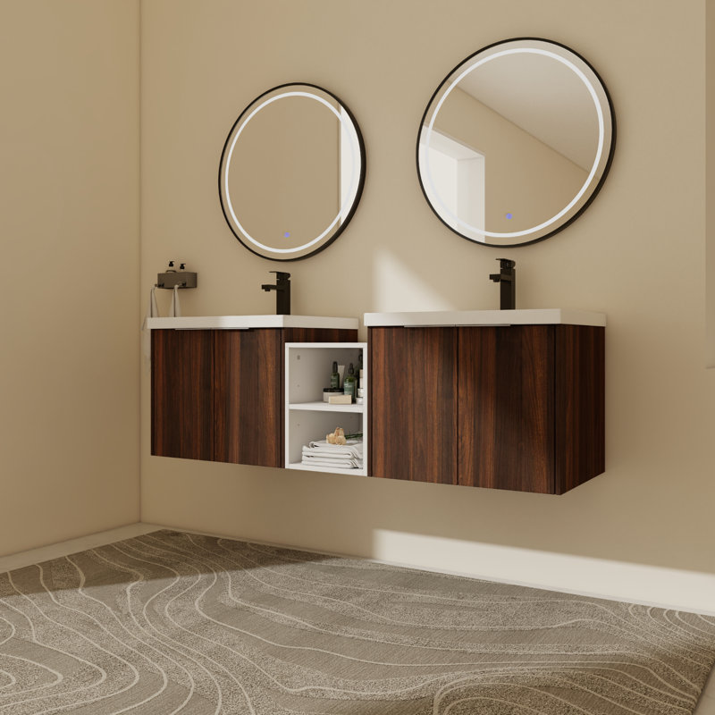Ensemble de meuble-lavabo double 59,23 avec comptoir Lamaiyah, Brun