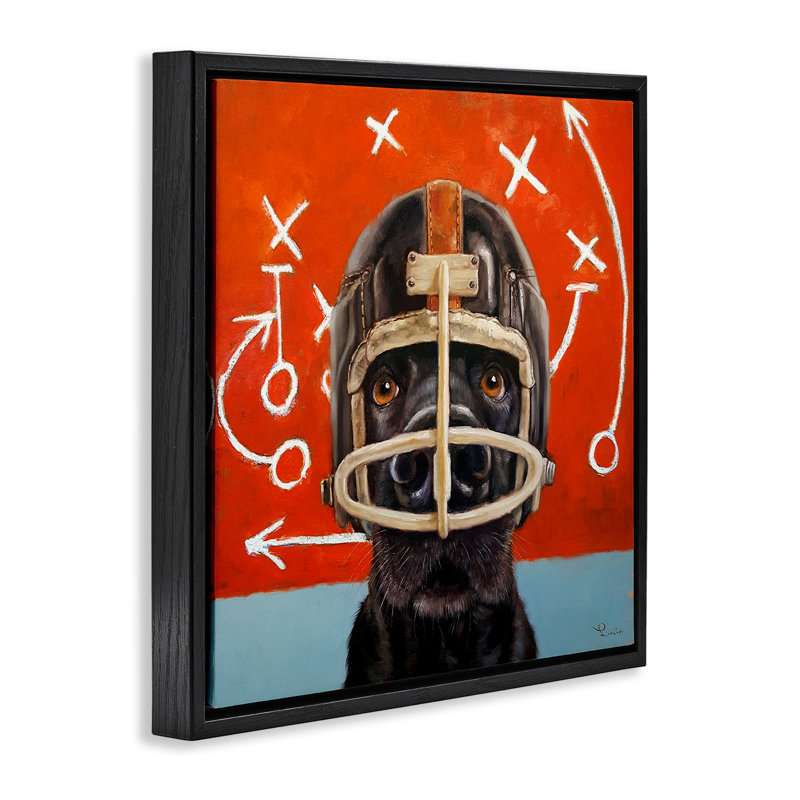 Chien dans un casque de football, H 18 po x l 18 po, Cadre flottant noir de jais