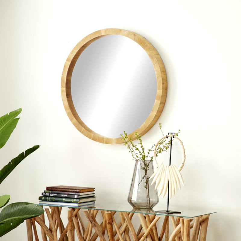 Miroir mural minimaliste en bois brun avec grain de bois naturel, 31,5 po x 31,5 po