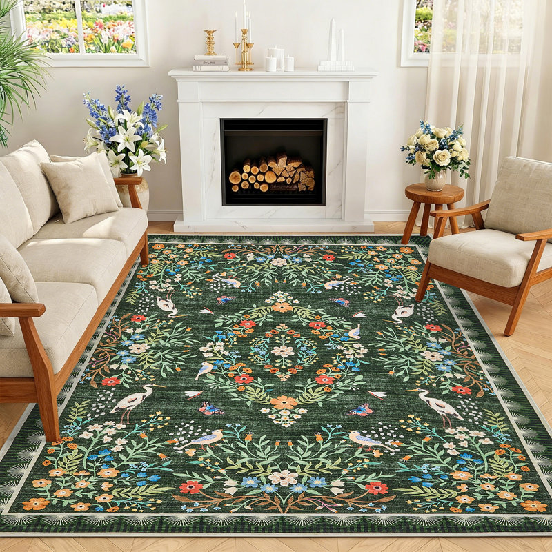 Floral Area Rugs for Living Room Bedroom, Washable Non Slip Vintage Floor Rugs Large Low Pile Oriental Distressed Carpet