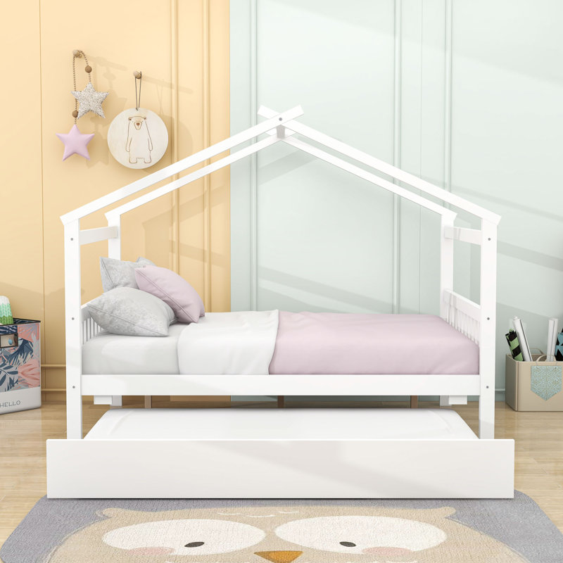 Wood House Bed With Pull-Out Twin Trundle, Full, White