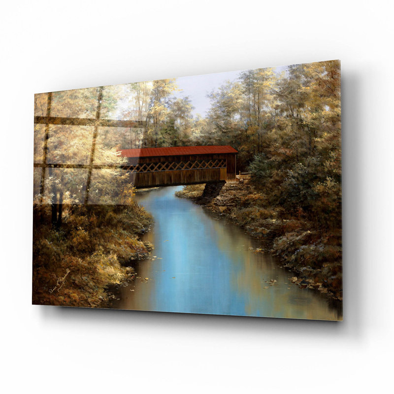 Pont couvert sur plastique / acrylique par Diane Romanello, H 12 po x l 16 po x P 0,13 po