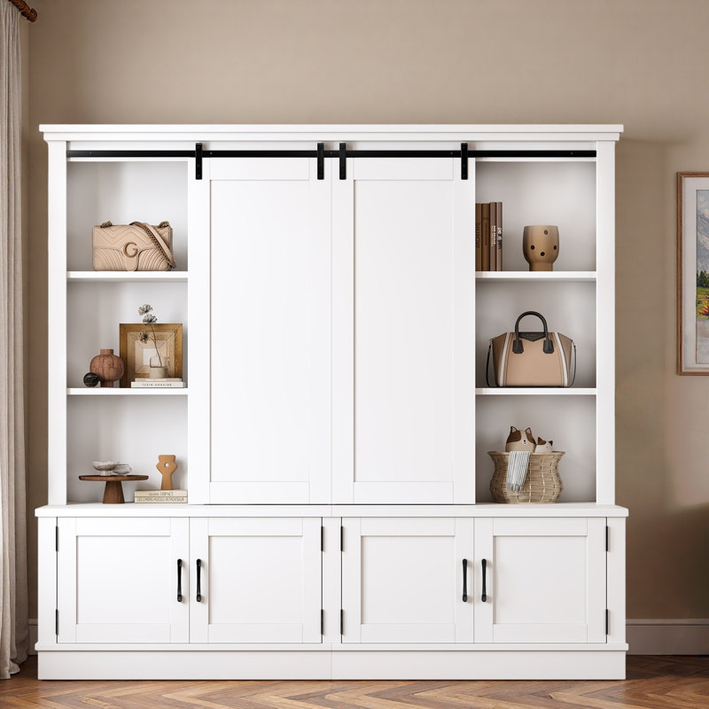 Multifunctional Hall Tree With Sliding Barn Door, Open Shelves And Storage Cabinets, White