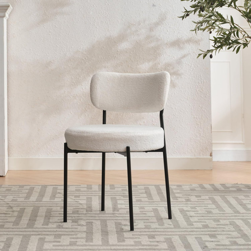 Boucle Dining Chairs Set of 2, Kitchen Chairs Set of 2 with Cushion and Curved Backrest for Living Room Restaurant, White
