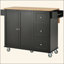 Îlot de cuisine mobile avec plateau en bois massif et roulettes verrouillables, largeur de 52,7 po, armoire de rangement et bar à abattants, support à épices, porte-serviettes et tiroir (noir)-1287253348