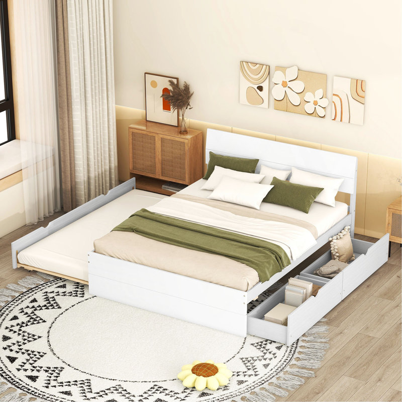 Cadre de lit double moderne avec lit gigogne simple et 2 tiroirs pour blanc brillant et blanc délavé