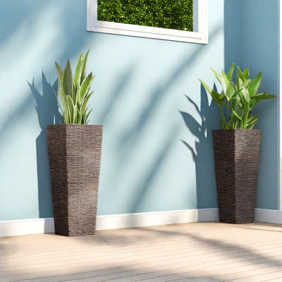 Modern Tall Planters Set Of 2, Durable Polypropylene, Rattan Style For Outdoor Decor