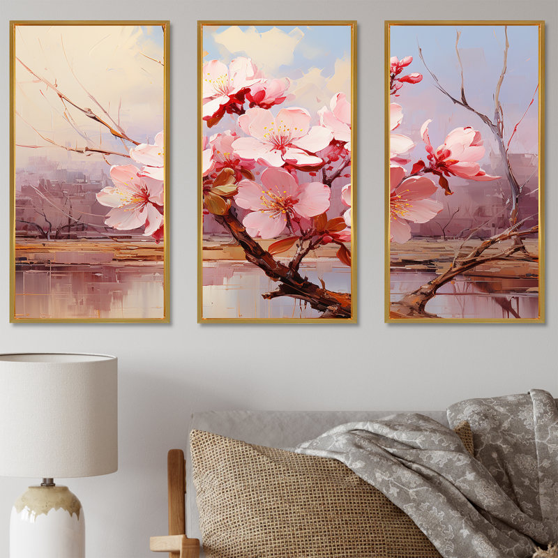 «Pink Whispering Cherry Blossoms II», art mural fleurs, Cadre flottant doré, H 28 po x l 36 po x P 1 po