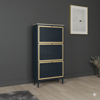 Meuble à chaussures moderne autoportant avec trois portes en métal et en rotin, pour une entrée