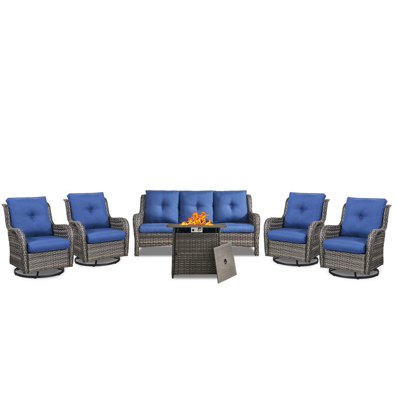 Carolina 7 - Person Outdoor Seating Group With Fire Pit, Blue