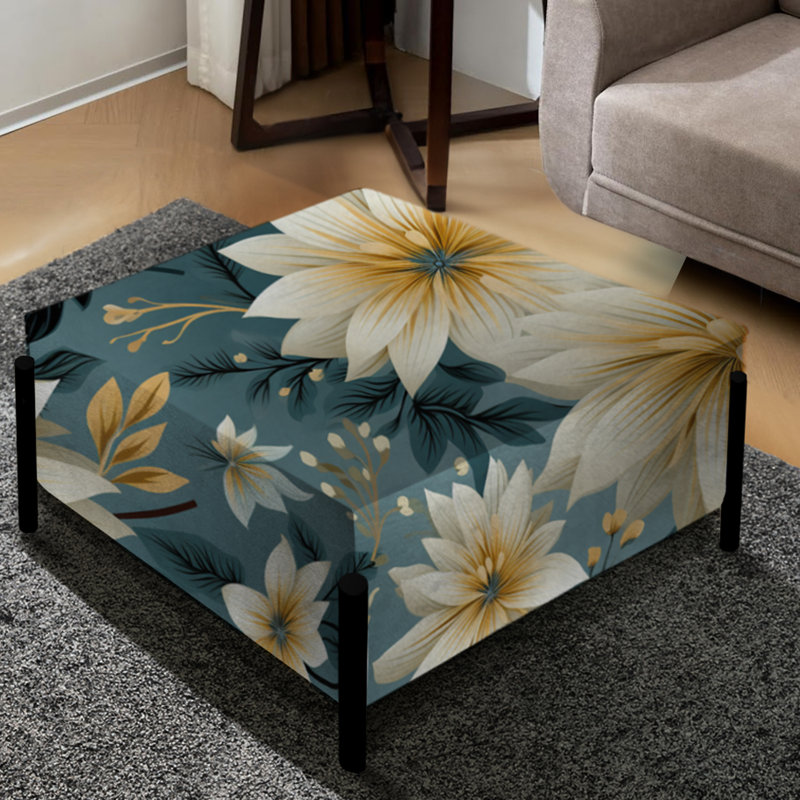 Grand repose-pieds carré géométrique bleu et doré à motif floral Fusion I