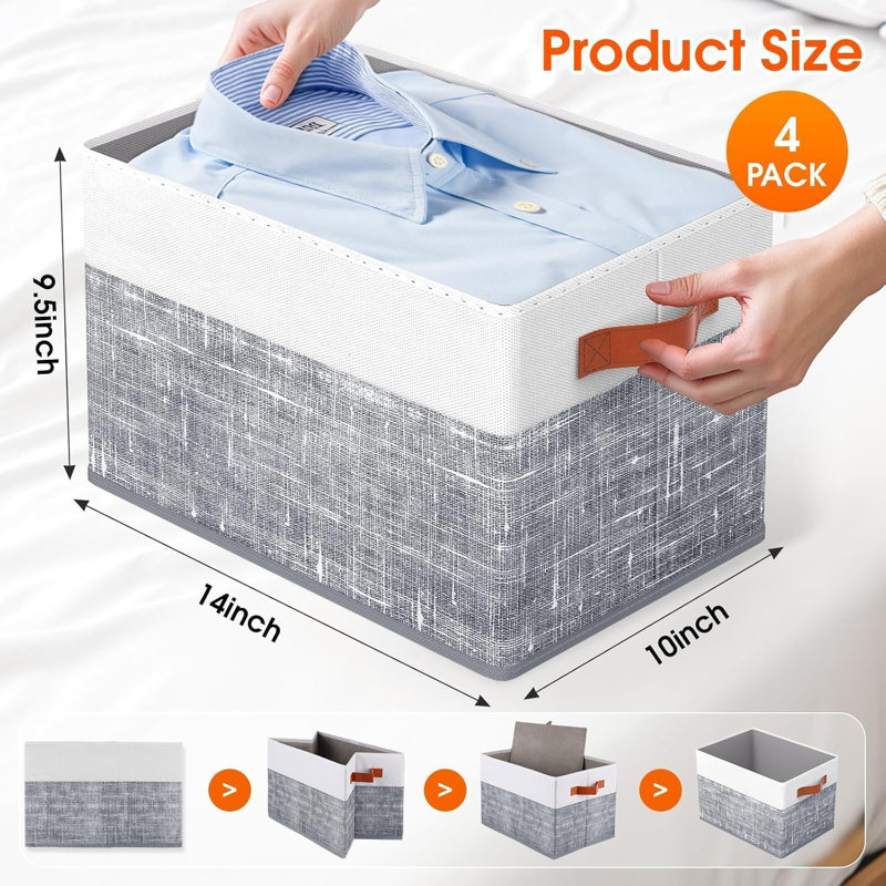 Leather-Handle Collapsible Storage Bins – 14"×10"×9.5" Thickened Cardboard & Reinforced Non-Woven Fabric Organizer Cubes