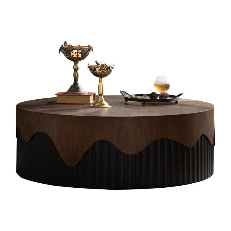 Table basse 38,97 "ronde en bois faite à la main à relief robuste pour salon, H 12,99 po x l 38,97 po x P 38,97 po