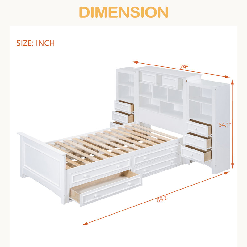 Lit plateforme simple en bois avec armoire verticale tout-en-un et 4 tiroirs de chaque côté, Blanc