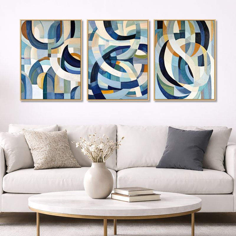 «Cubist White Blue Reality I», art géométrique abstrait encadré, 3 pièces, Natural Wood Floater Framed, 32" H x 72" W