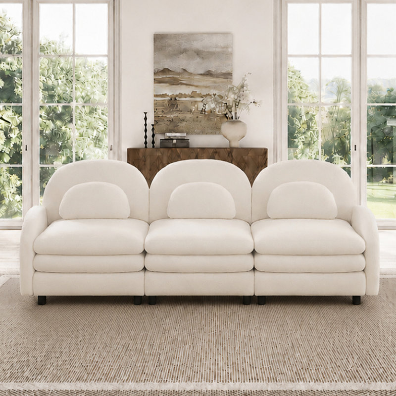 Canapé modulaire 3 places avec dossier incurvé et coussins à double couche, Peluche beige