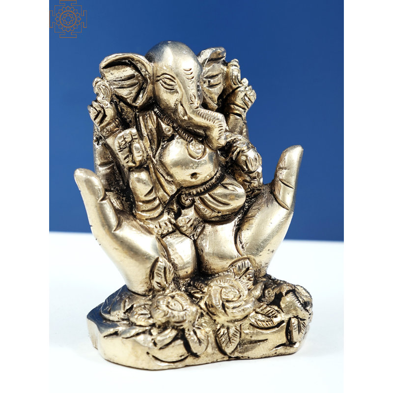 Statue de seigneur à quatre bras 2,7 po en laiton fin 2,7 po - fait à la main dieu indou assis sur une paume pour une décoration spirituelle