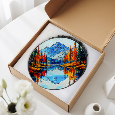 7.8"H Mountain Lake Stained Glass Window Panel
