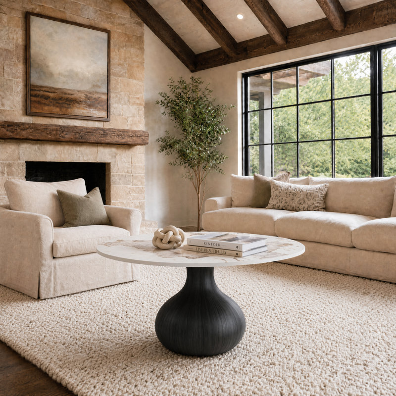 Table basse moderne en pierre frittée Jackline avec piédestal sculptural en bois, table de salon minimaliste de luxe - Assemblage facile et durabilité élevée