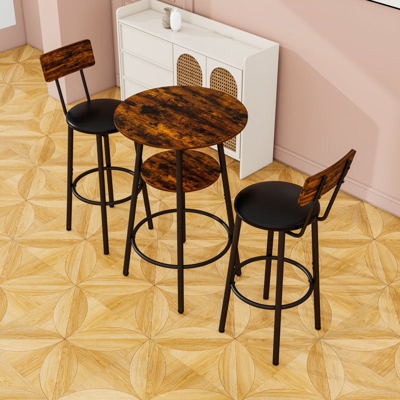 Round Bar Stool Set with Shelf, Rustic Brown/Black, Rustic Brown