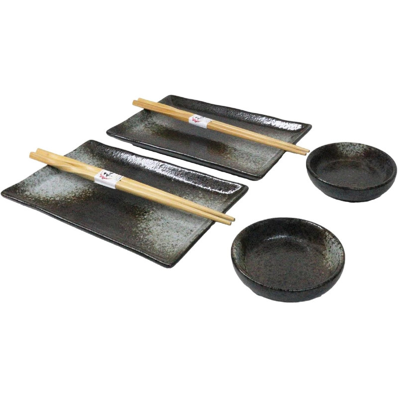 Hakumu Grey Porcelain Sushi Plates Sauce Dishes Chopsticks Dinnerware Set For 2, Gray