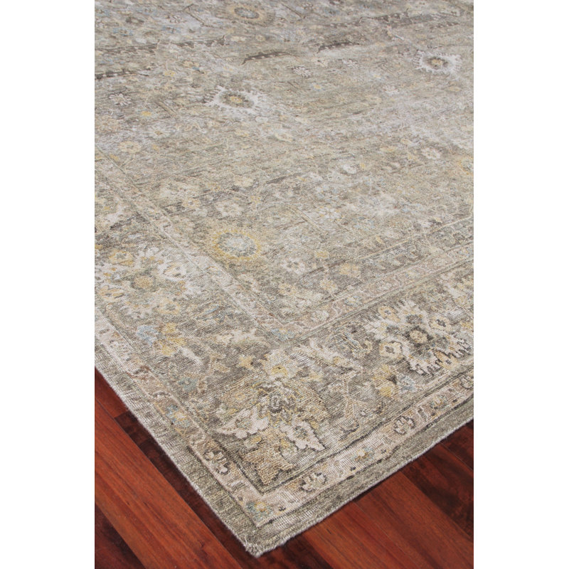 Heirloom Oriental Hand-Knotted Wool Khaki Area Rug, Rectangle 10' x 14'