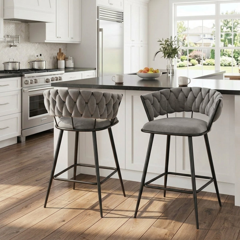 Upholstered Counter & Bar Stool With Metal Frame (Set Of 2), Gray, Counter Stool (24" Seat Height)