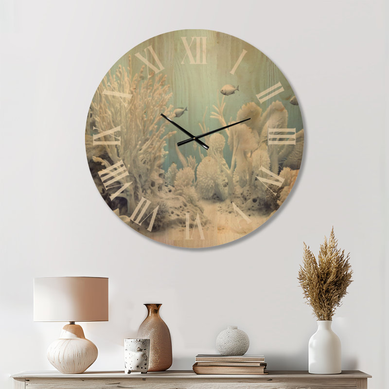 Sérénité corail blanc côtier - horloge océanique surdimensionnée, imprimée sur bois, Large