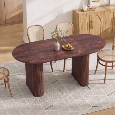 63" Fluted Oval Dining Table Double Pedestal Kitchen Table For 4-6 
