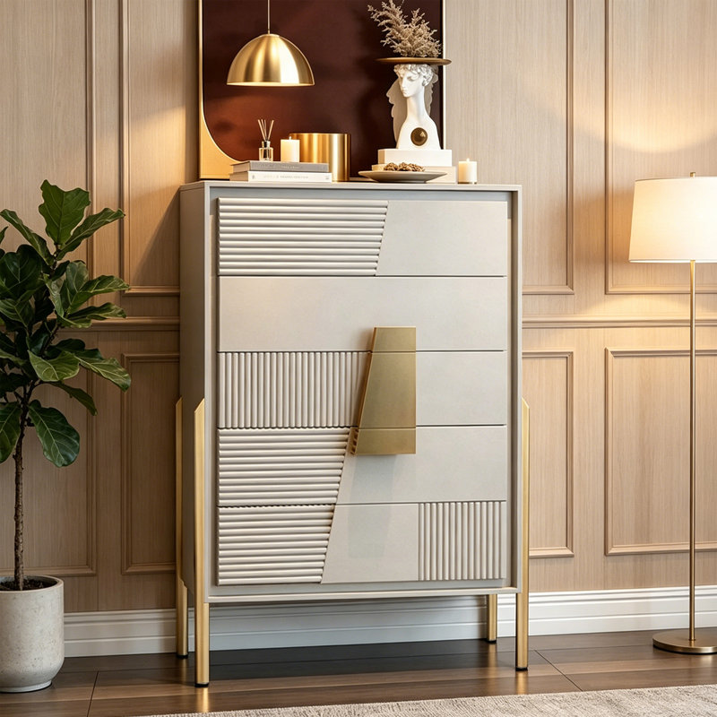 Commode d'entrée à cinq tiroirs Italian Luxury, Blanc crémeux
