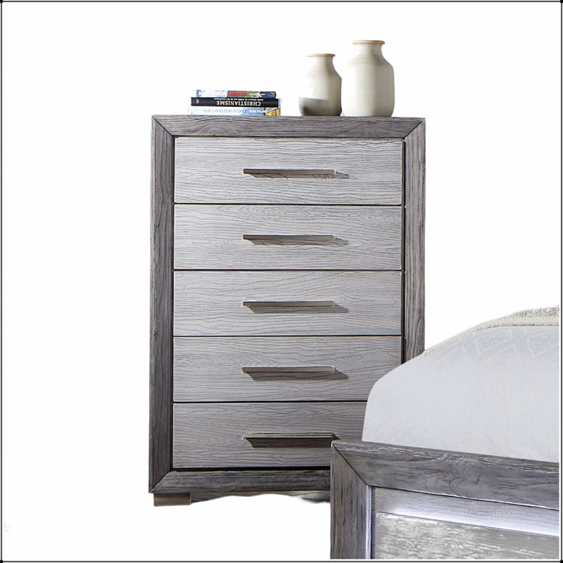 Commode de style transitionnel 1pc avec pieds de support, glissières à roulement à billes en métal, poignées de bar et finition grise pour les chambres à coucher modernes