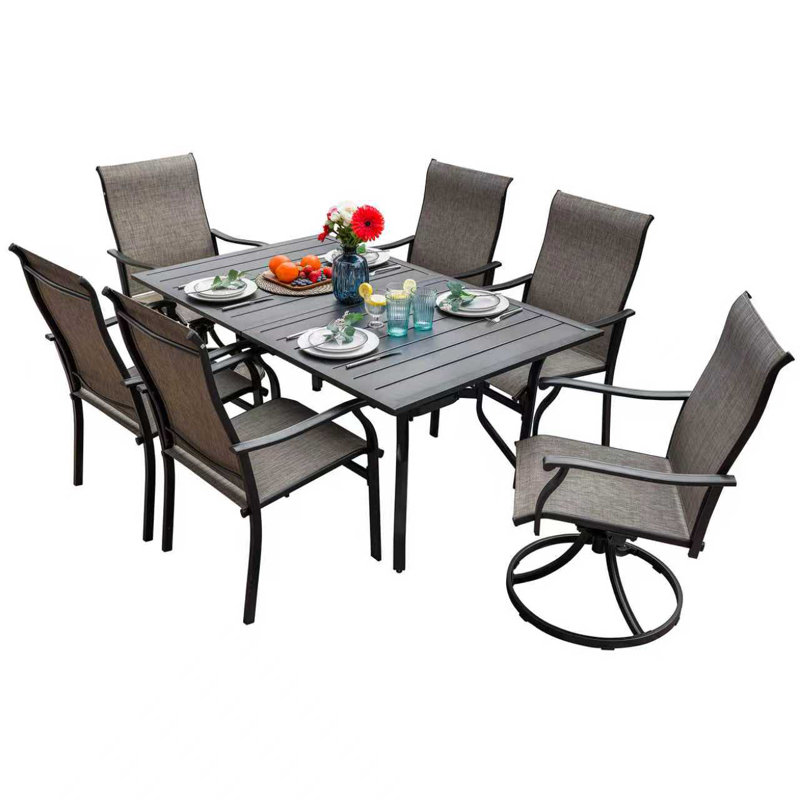 Staghorn 7-piece Swivel Patio Dining Set PVC-coated polyester Fabric Powder-coated Iron Outdoor Chairs And Table Set With Umbrella Hole For Garden, Backyard, Poolside