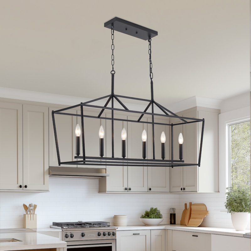 6-Light Kitchen Island Linear Chandelier, Large Farmhouse Pendant Lighting For Dining Room Over Table, Black