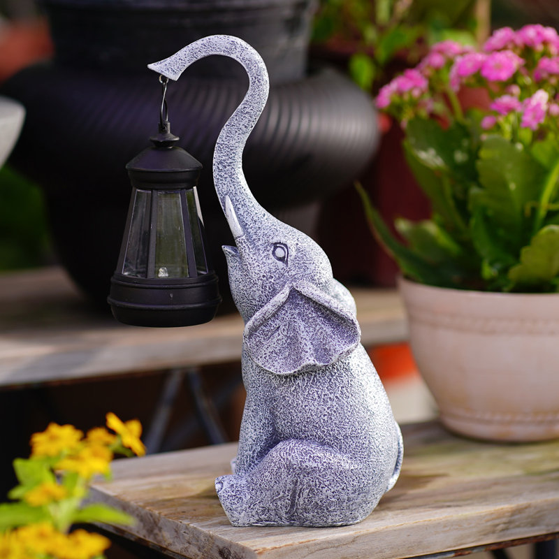 Statue de jardin d'éléphant solaire 11 po avec lanterne: sculpture de patio pour l'extérieur - cadeaux pour maman