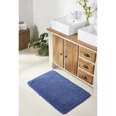 Rasika 100% Cotton 1990 GSM Tufted Reversible Bath Rug, OEKO-TEX Certified, Ultra Soft & Absorbent, Machine Washable Bathroom Rug for Shower, Tub, Sink, Vanity & Spa Areas, Crochet-Inspired Design, 17" x 24" Rectangle, Blue