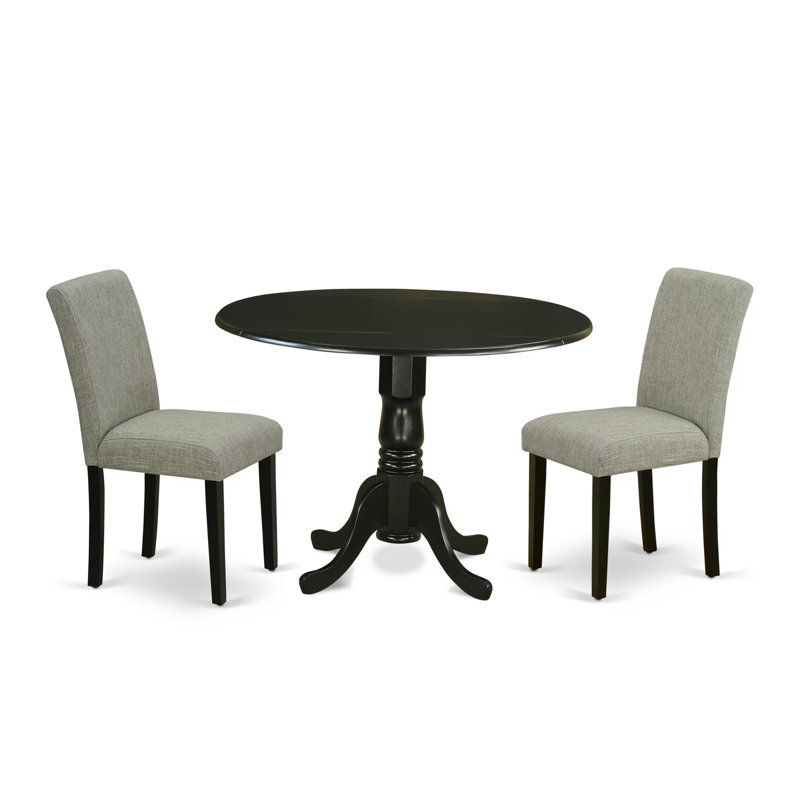 Ensemble de coin repas 3 pièces pour petits espaces comprenant une table de salle à manger ronde avec Dropleaf et 2 chaises rembourrées en tissu Shitake, 42 po x 42 po, noir