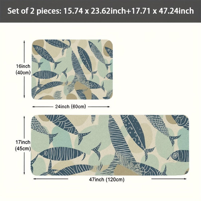 Tapis de cuisine Blue Beige Fish, ensemble de 2, pour cuisine et salle de bain