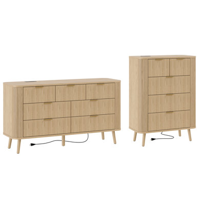 Ensemble de commode de chambre à coucher cannelée 2 pièces, commode 6 tiroirs et 5 tiroirs avec station de charge, meuble télé de style Mid-Century avec pieds en bois pour la chambre à coucher, le salon, le couloir (chêne naturel)