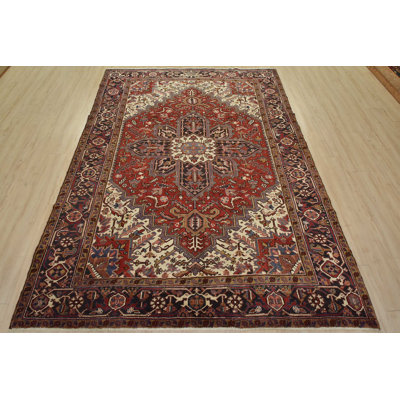 Tapis oriental en laine rouge rétro noué à la main 6 pi 11 po x 9 pi 2 po Heriz