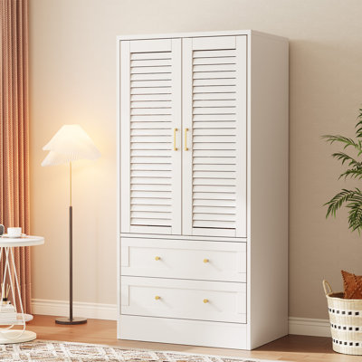 Armoire-penderie multifonctionnelle en bois composite 65 po - 2 portes à persiennes, 2 tiroirs, tringle, grande armoire de rangement pour les vêtements, blanchisserie, vestibule blanc, 2 portes
