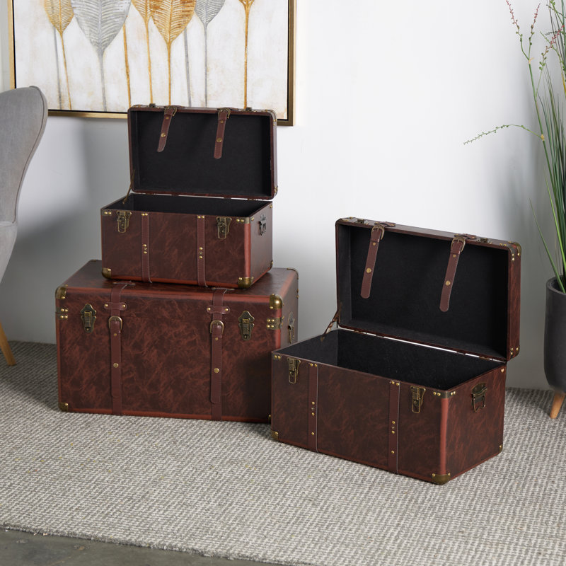 Brown Faux Leather Nesting Upholstered Decorative Trunk with Vintage Gold Accents and Studs, Set of 3