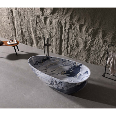 59" Freestanding Solid Surface Bathtub With Ink-style Marble Finish, Egg Design Resin Stone Bathtub With Backrest