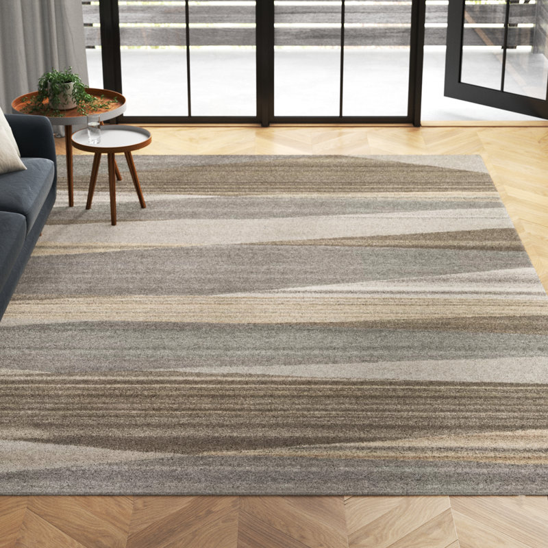 Tapis brun foncé / beige / gris en laine touffeté à la main Ayeln, Rectangle 8 pi x 11 pi