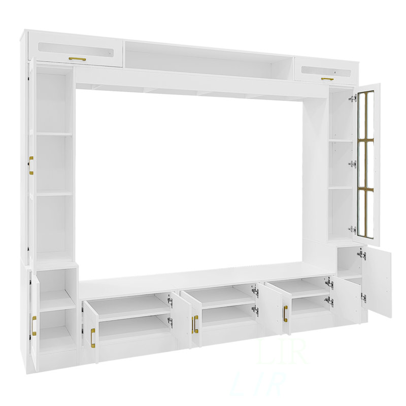 98.4" W Wall Unit Entertainment Center With Bookshelves For Tvs Up To 80", Modern TV Stand Media Console With Cabinets, Tempered Glass Doors And Adjustable Shelves For Living Room