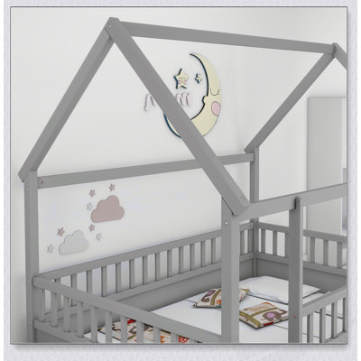 Floor Wooden Bed with House Roof Frame, Fence Guardrails, and Enhanced Comfort for a Cozy Sleeping Experience