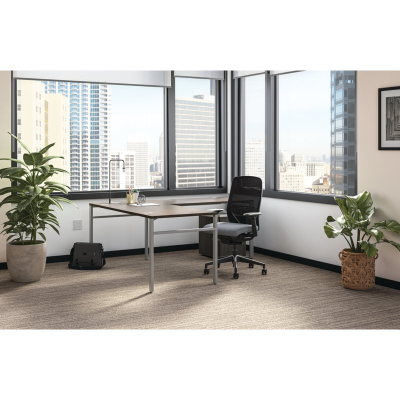 Mod L-Desk with Mobile Pedestal, Traditional Mahogany/Silver
