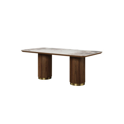 71"Willene Romantic Elegant Dining Table – Glossy Ceramic Marble-Look Top with Walnut-Tone Double-Pedestal Base & Gold Metal Ring Accents – Light Luxury Versatile Standalone Dining Table