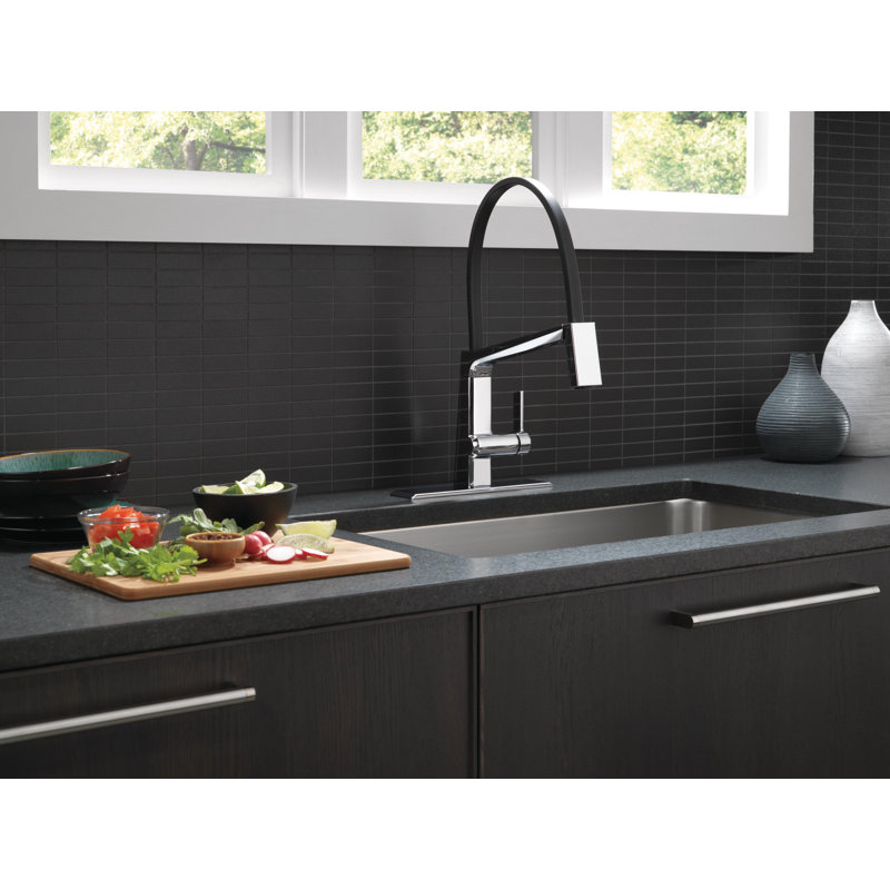 Pivotal Single Handle Exposed Hose Kitchen Faucet, Chrome